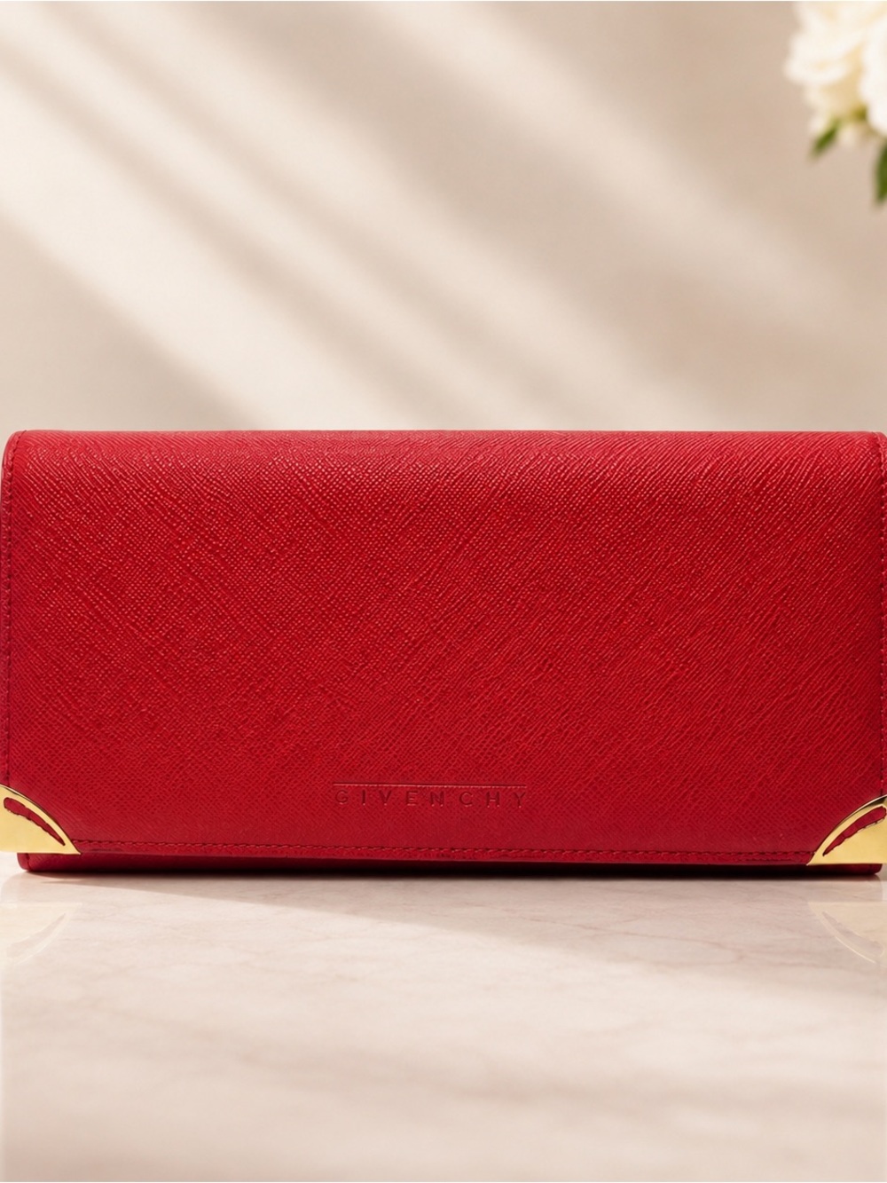 Givenchy Paris Red Textured Leather Continental Wallet Gold Tone Corner Hardware
